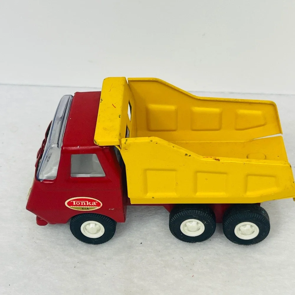 Vintage Tonka USA Red and Yellow Diecast Metal Mini Dump Truck Construction Toy